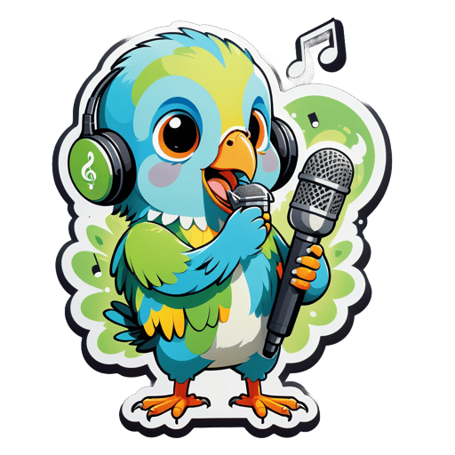 A parakeet with a music note in its left hand and a microphone in its right hand sticker