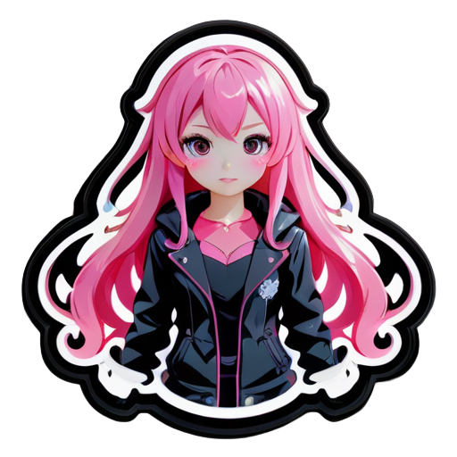 Jeune fille avec des cheveux longs roses et une tenue de lycéenne noire, image de dessin animé sticker