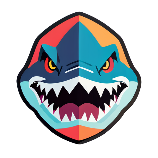 Shark face, facing forward, fierce, cool, symmetrical, American retro, rich color blocks, sticker