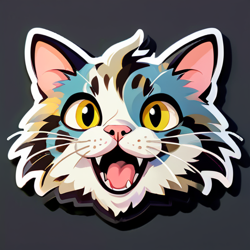 A mottled cat, with wide eyes full of surprise, slightly open mouth, raised fur, curiously staring at something. sticker