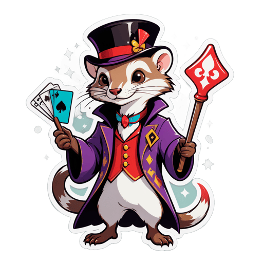 A weasel with a magician wand in its left hand and a deck of cards in its right hand sticker