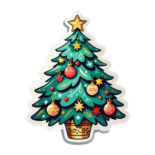 A hand-drawn, elaborately decorated Christmas tree. sticker