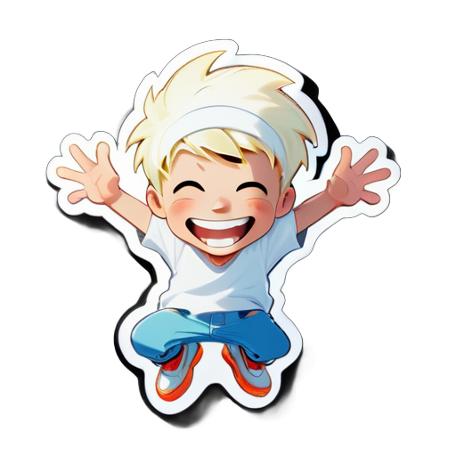 A cartoon boy in a bleaching dressjumps into the air, his hands outstretched and a big smile on his face. sticker