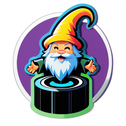 generate a sticker with a wizard climbing on a sound system and singing sticker