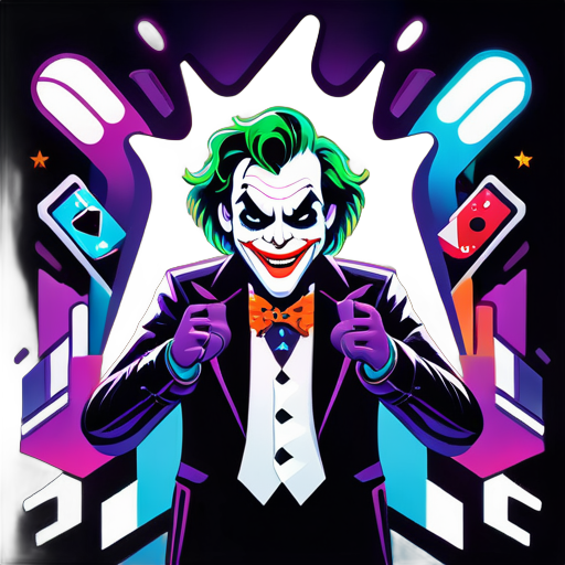 A mischievous joker, holding gaming controller joysticks in each hand, stands against a backdrop of neon lights and gaming icons. Vibrant colors and dynamic lines capture the excitement of gaming, while the joker's presence adds whimsy and intrigue. This logo fuses gaming with the charm of the joker archetype, inviting viewers into a world of fun and excitement. sticker