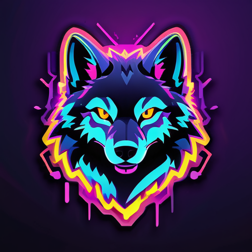 A neon-lit wolf silhouette in vibrant colors, with glowing outlines and accents. The text "Neon Wolf Gaming" is stylized with neon effects, creating a futuristic and electrifying vibe. sticker