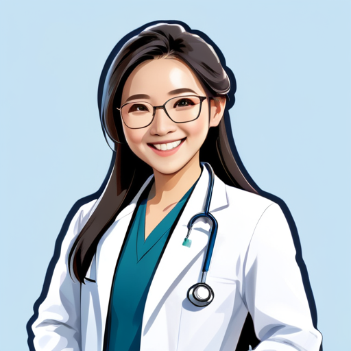 Utilizar una imagen profesional de una médica china como avatar, vistiendo un uniforme de doctor formal o una bata blanca, con una sonrisa en el rostro, cabello largo, sin sombrero, con un estetoscopio alrededor del cuello, sosteniendo un archivo, usando gafas, mostrando confianza y amabilidad. El fondo de la foto debe ser de color azul claro. sticker