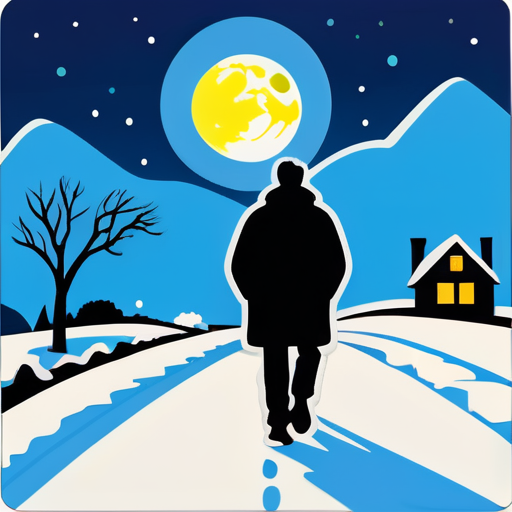 A lonely man walks on a country road just after the snow, with a bright moon hanging in the sky sticker