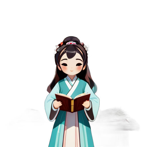 A young girl, wearing Hanfu, playing the guzheng in a study with rows of bookshelves in the background, the books on the bookshelves have natural colors. sticker