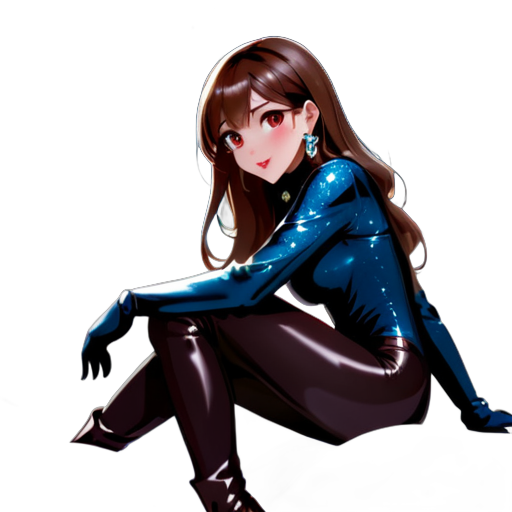 1girl, solo, long hair, breasts, looking at viewer, bangs, brown hair, long sleeves, brown eyes, jewelry, medium breasts, sitting, very long hair, closed mouth, earrings, boots, outdoors, shiny, blurry, lips, bodysuit, night, blurry background, skin tight, snow, shiny clothes, snowing, red lips sticker