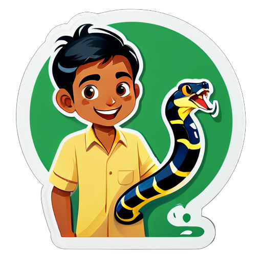 Un hombre sostiene una serpiente llamada Achal, es un niño pequeño de Bihar de 7 años de edad sticker