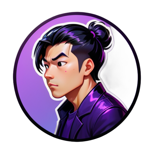 Hair: Black, shiny, slightly long but not past the neck. Ethnicity: Asian, leaning towards East Asian, fair skin. Expression: Contemplating a tricky bug. Occupation: A skilled modern programmer. Background: Gradient purple, circular. Gender: Male sticker