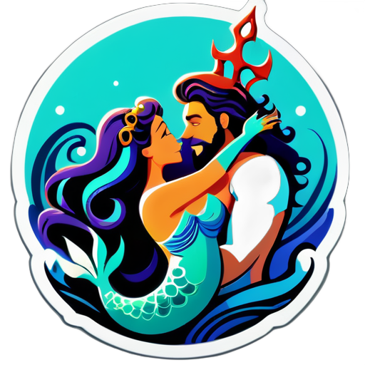 man with long curly hair and sea trident on his stomach kissing a beatifull mermaid sticker