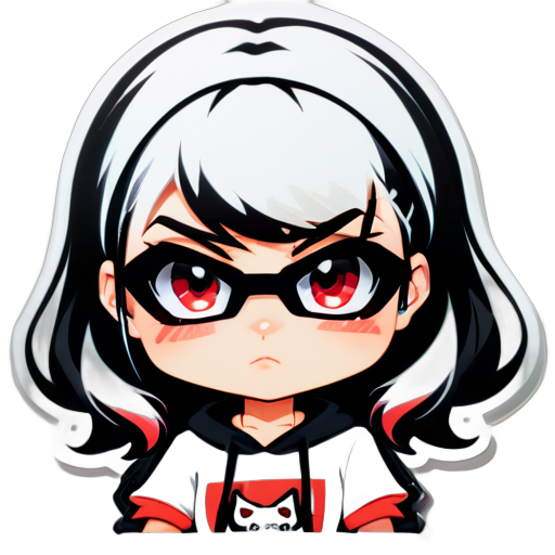 zulxe,anime style,chibi,illustrated logo,medium short shot,youtube emote of a girl wearing sunglasses,black hair,white sweatshirt,hip hop style short sleeve sweatshirt,waist length hair,angry with a vein on her forehead, sticker