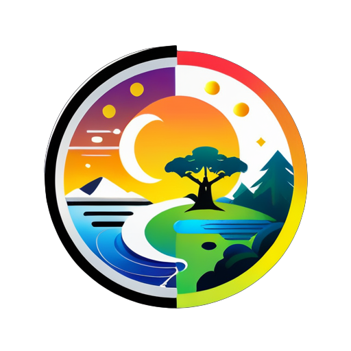 Create a logo image composed of the Yin and Yang Bagua, including elements such as the sun, moon, trees, tall buildings, and lakes, with a very simple and clear style. sticker