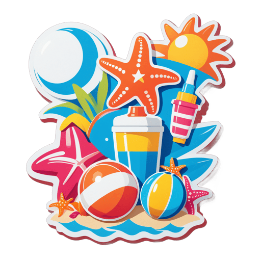 Ein Seestern mit einem Strandball in der linken Hand und einer Sonnencreme-Flasche in der rechten Hand sticker