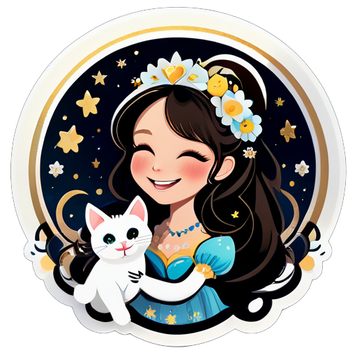 Smiling Sarah Brightman singing with her cat. Flowers and stars surround the heart. Exquisite details. sticker