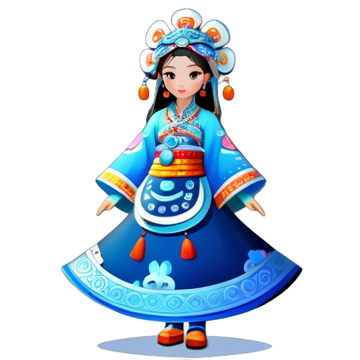 Full body, generating three views, Beautiful Chinese girl wearing a Miao silver jewelry hat, is dressed in the style of Miao people from Guizhou Province's Blang village in China, featuring intricate details, exquisite patterns, and a blue background, IP image, C4D style,  cartoon realism,Bubble Mart,3DRendering,Overclocking Rendering, Best PictureQuality, 8K, Front View, Standing Pose. --ar 3:4 sticker