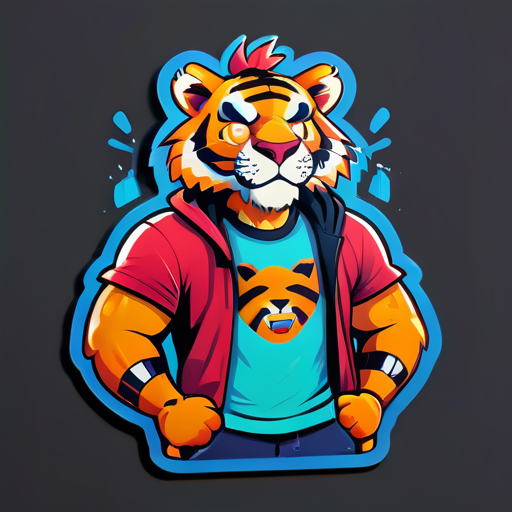 Um tigre antropomórfico veste uma camiseta estampada com HXY sticker