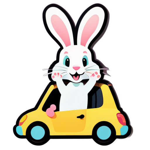 A picture of a rabbit driving a car with its paws raised high sticker