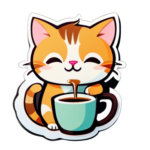 cute cat drinking coffee sticker