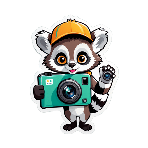 A lemur with a camera in its left hand and a travel guide in its right hand sticker