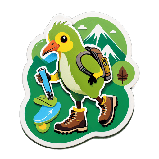 Un oiseau kiwi avec une chaussure de randonnée dans sa main gauche et une carte de sentier dans sa main droite sticker