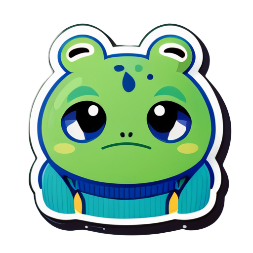 Ein grüner Frosch mit erschöpftem Gesicht und blauem Pullover, auf dem "INCO" steht sticker