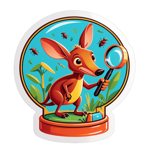 An aardvark with an ant farm in its left hand and a magnifying glass in its right hand sticker