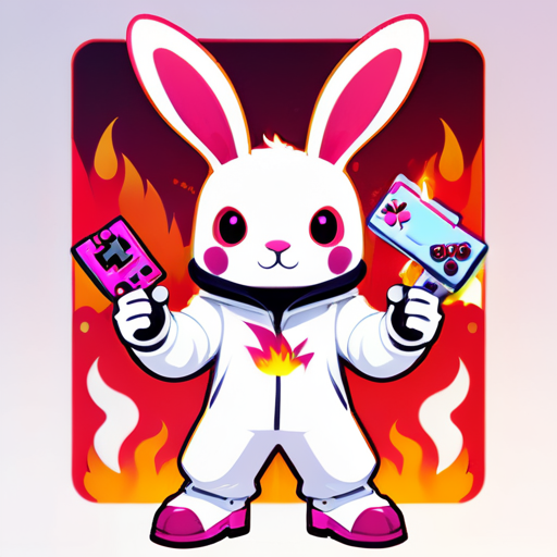 A stylized bunny character in a white bunny suit, complete with long ears, stands confidently against a backdrop of flames and gaming elements. With one hand holding a gaming controller and the other gesturing thumbs up, the character exudes energy and excitement. Predominantly white with pink accents, the logo captures the playful spirit of the Free Fire bunny bundle while incorporating fiery red sticker