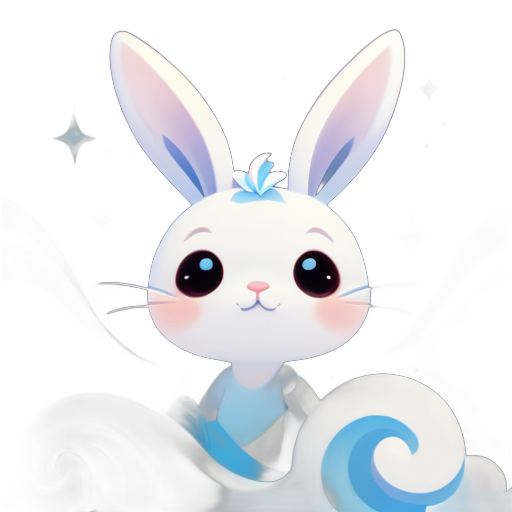 Ears: Long, pointed bunny ears with a graceful curve.
Face: The bunny's face, featuring a serene expression with a small, closed mouth, expressive eyes, and a sky blueish complexion.
Expression: Playful yet subtly serene demeanor.
Background: Background features swirling clouds and sky blue hues.
Colors: Predominantly white with sky blue accents for a serene aesthetic. sticker