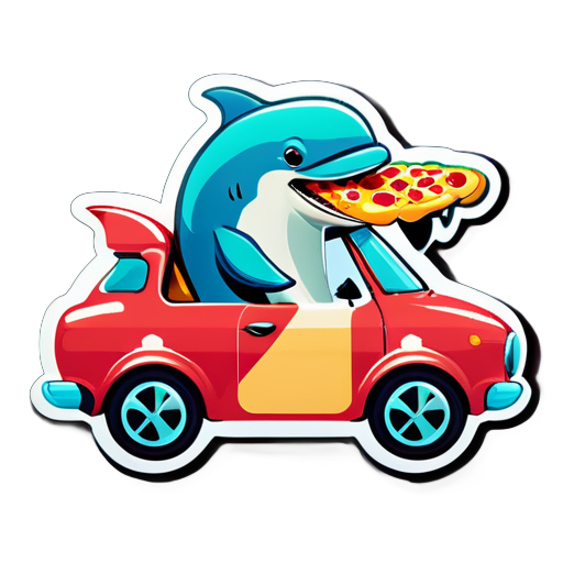 Un delfín conduciendo un coche mientras come pizza sticker