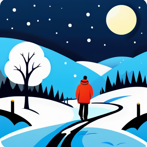 A lonely man walks on a country road just after the snow, with a small river beside him and a bright moon hanging in the sky. sticker