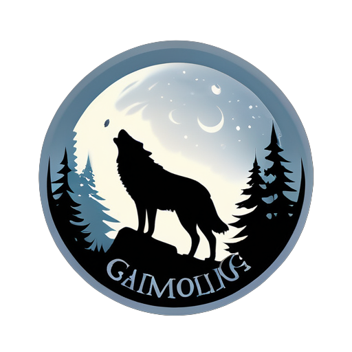 Ein ruhiges Grauwolfsilhouette, mit einem sanften Glanz, der dem Mondlicht ähnelt. Der Text "MoonlitHowl Gaming" ist elegant und anmutig, erfasst die Ruhe der Nacht. sticker