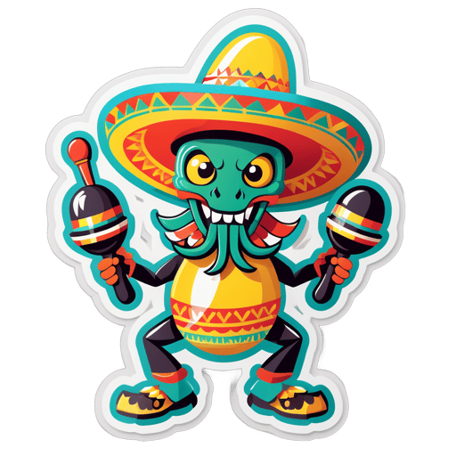 Ein Skorpion mit einem Paar Maracas in seiner linken Hand und einem Sombrero in seiner rechten Hand sticker