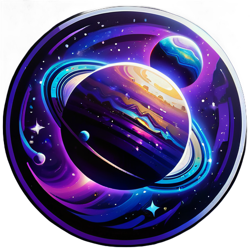 A cosmic sticker featuring a detailed planet with rings, surrounded by stars, The background is a dark glows with vibrant hues of purple and blue, vibrant colors, cosmic art style, detailed textures, luminous effects, deep space atmosphere, ethereal light sticker