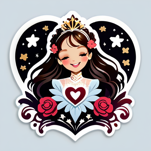 Smiling Sarah Brightman singing with her cat. Flowers and stars surround the heart. Exquisite details. sticker