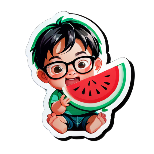 generate the stricker of baby boy which he is eating watermelon and he weared big glasses sticker