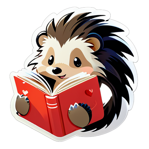 A hedgehog reading a book with a heart on it, and a pile of books behind it. sticker