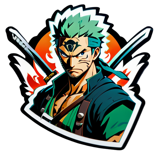 Zoro, regard féroce et épées tirées, fait face à des épreuves de valeur, de loyauté et de force au milieu d'aventures épiques à travers des terres périlleuses. sticker