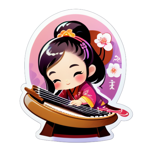 Create an avatar: A little girl playing the guzheng, Chinese classical style, with the addition of the character 'Lan' in the background sticker