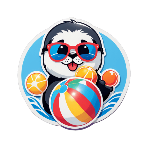 A seal with a beach ball in its left hand and a pair of sunglasses in its right hand sticker