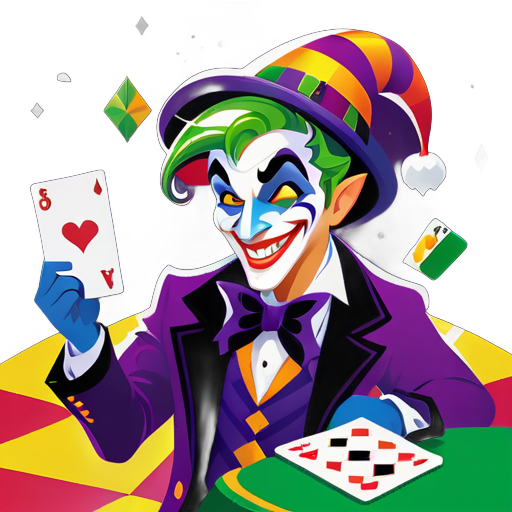 A mischievous joker character with a sly grin and vibrant attire, ready to play their hand in the game of life. Sporting a colorful jester's hat adorned with bells and a striking face paint design, they exude an air of whimsy and unpredictability. With one hand holding a deck of cards and the other gesturing confidently, they invite players to join them in their daring gambit. The background featu sticker