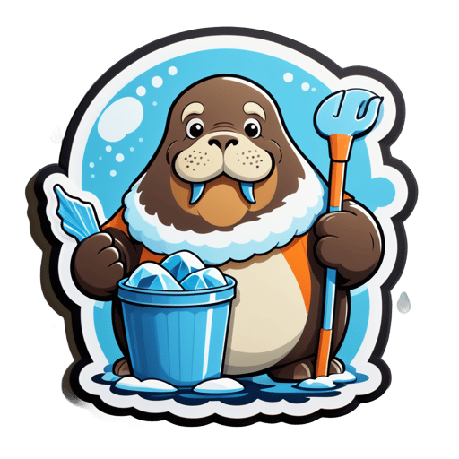 A walrus with a fish in its left hand and a bucket of ice in its right hand sticker