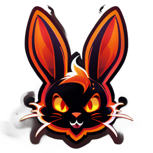 Ears: Long, pointed bunny ears with a devilish twist.
Face: Mischievous bunny with fiery eyes.
Expression: Playful yet subtly sinister grin.
Background: Flames and fiery effects.
Colors: Dark tones with intense reds and oranges. sticker