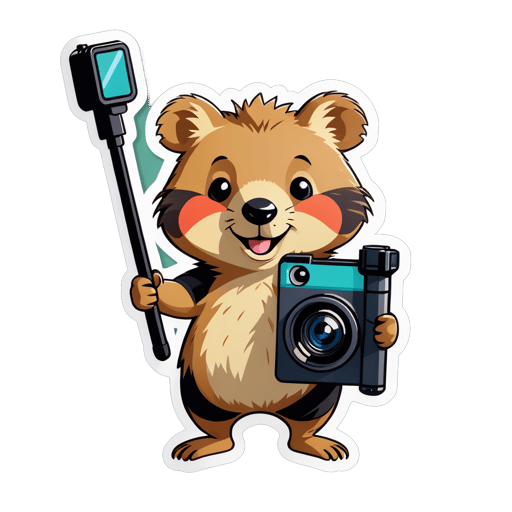 A quokka with a selfie stick in its left hand and a camera in its right hand sticker