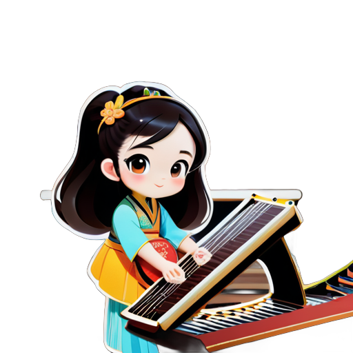 A modern little girl, wearing modern clothes, playing the Chinese classical guzheng in a room with bookshelves and books in the background. sticker