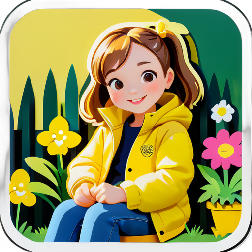 Jeune fille avec une veste jaune assise dans son jardin