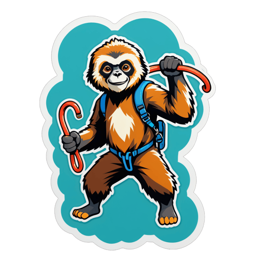 Ein Gibbon mit einem Kletterseil in der linken Hand und einem Karabiner in der rechten Hand sticker