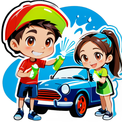 Car wash logo, a boy holding a water gun cleaning a car, and a girl holding a cloth ready to wipe, the car is washed very clean, carefully sticker